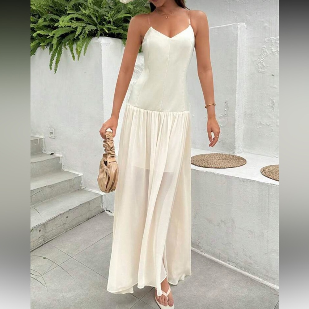 White ivory mesh drop waist clear spaghetti strap maxi flowy dress - Picture 2 of 5
